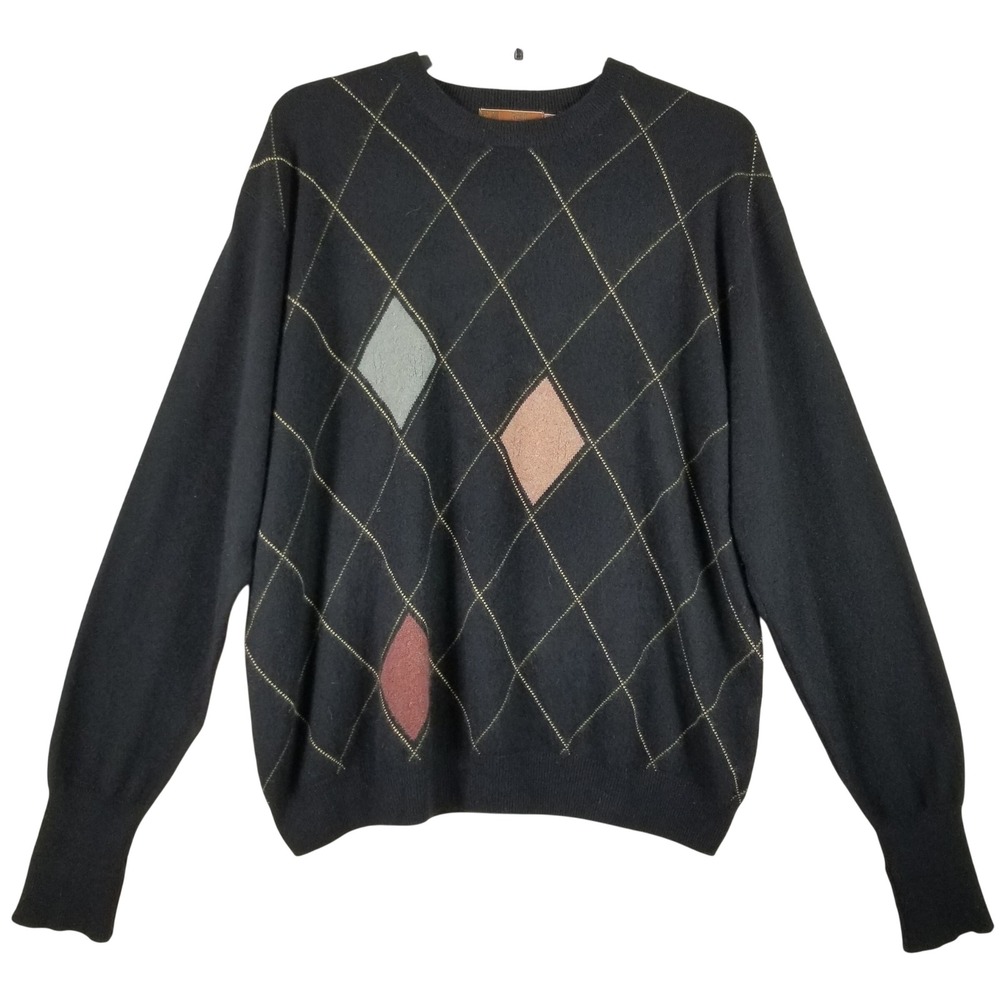 Raffi Cashmere Mens XXL Black Argyle Crewneck Sweater 118651 Pure‎ Cashmere